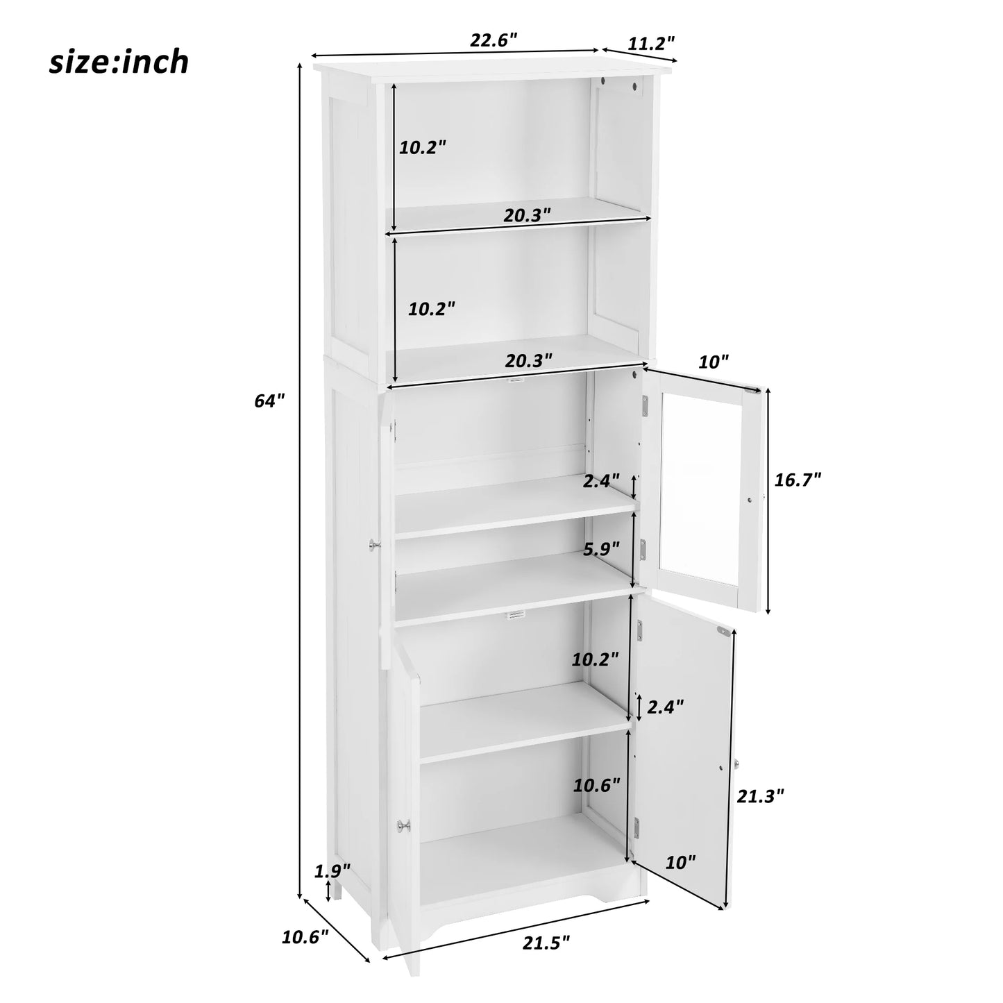 White Tall Storage Cabinet with Shelves and Doors for Bathroom, Kitchen and Living Room, MDF Board