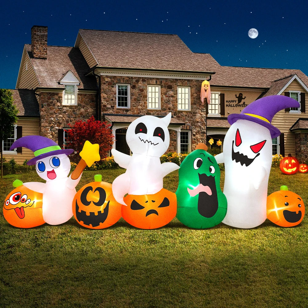10FT Halloween Pumpkin Inflatable Home Outdoor Decoration Ghost Witch Blow Up Yard Props For Holiday Party Garden With Led