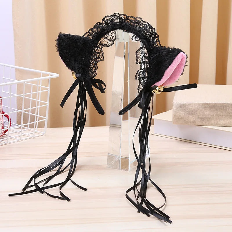 Sexy Cat Ears Headwear Women Girls Masquerade Halloween Cosplay Lace Cat Ear Anime Party Costume Bell Headband Hair Accessories