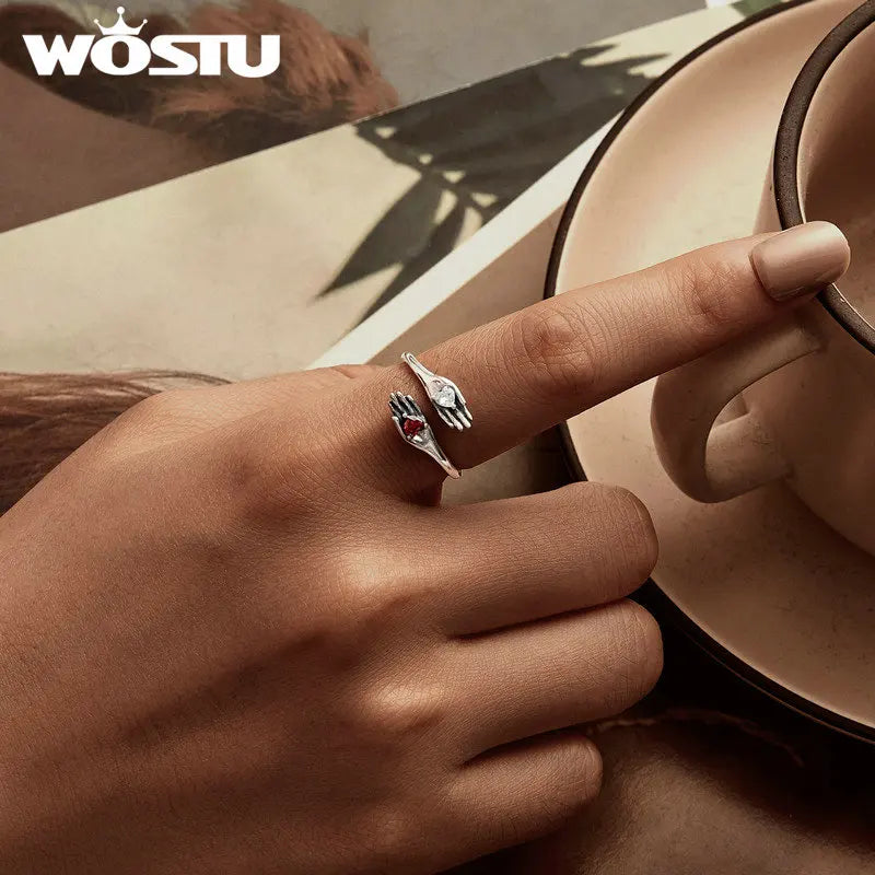 WOSTU 925 Sterling Silver Dark Skeleton Hand Open Ring Heart Zircon Adjustable Original For Women Guard Halloween Jewelry Gift
