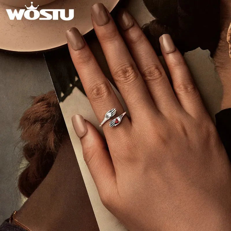 WOSTU 925 Sterling Silver Dark Skeleton Hand Open Ring Heart Zircon Adjustable Original For Women Guard Halloween Jewelry Gift